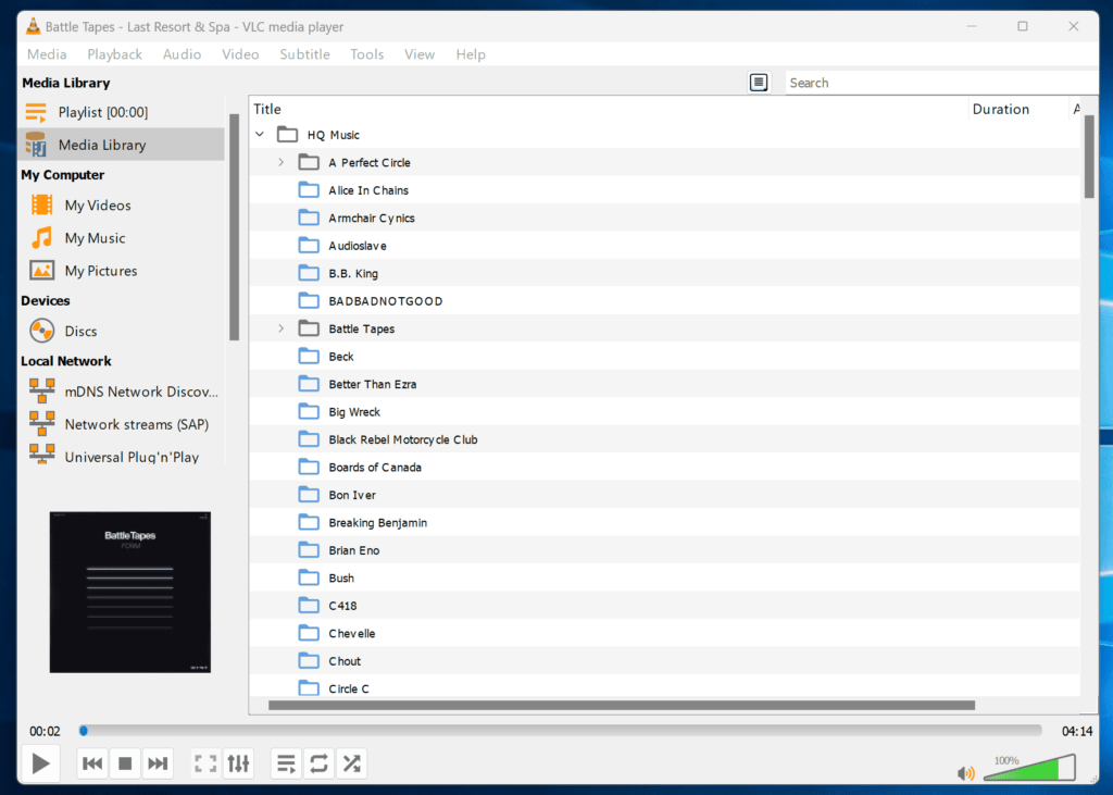 VLC music management app screenshot